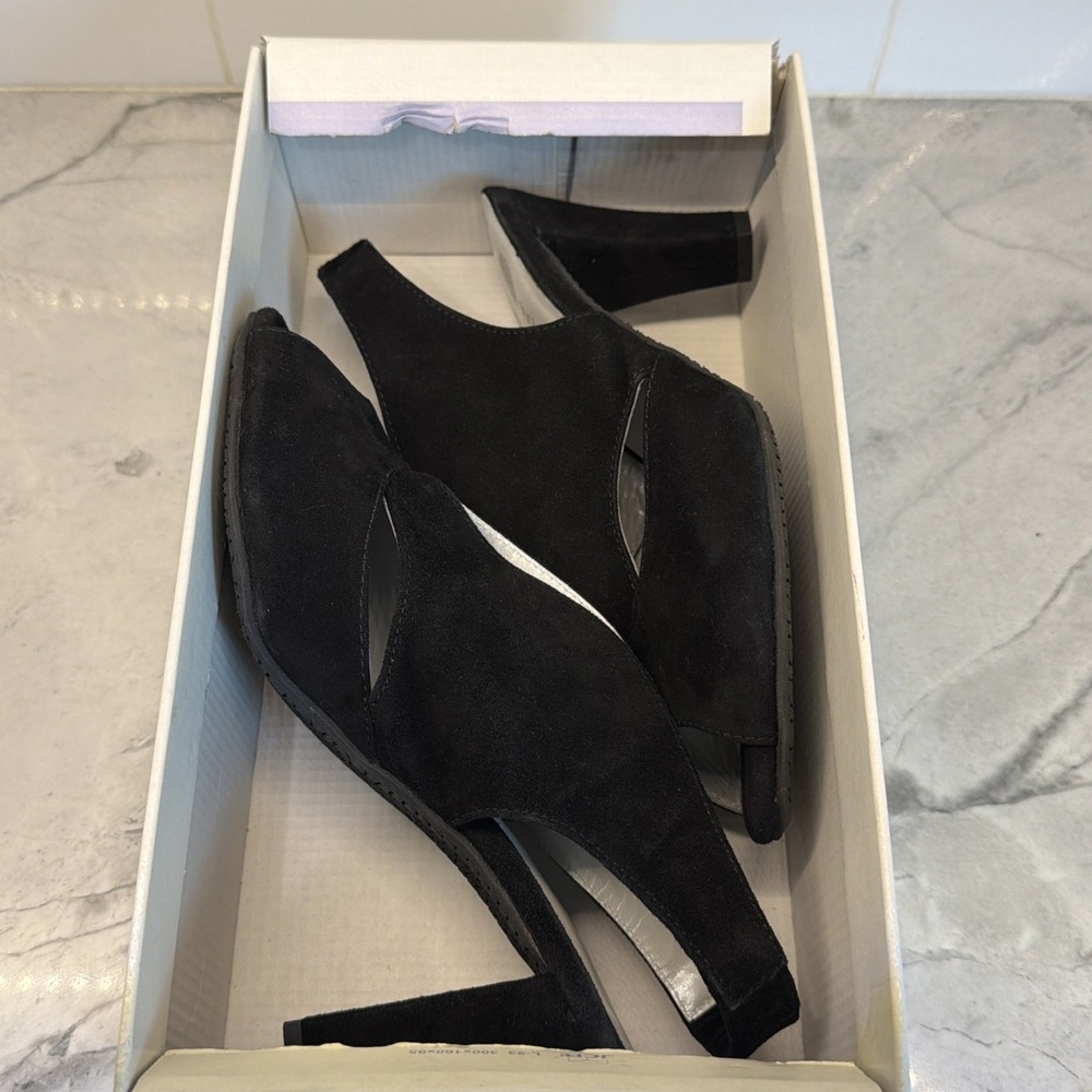 Eric Michael Women's EU 38 Peru Black Suede Leather Slingback Peep Toe Heels - Picture 15 of 15